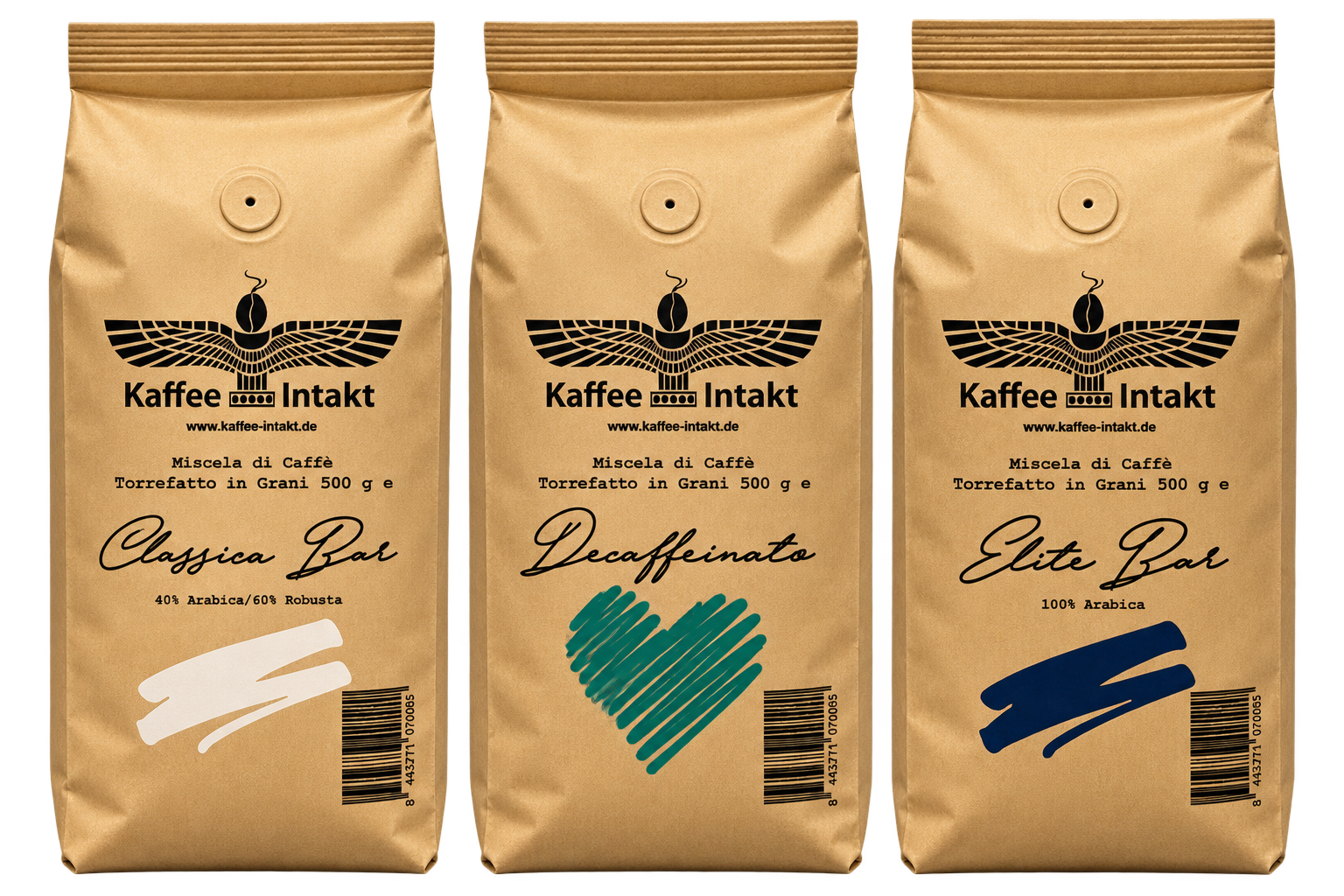 KAFFEE INTAKT Kaffeebohnen STARTER SET, 3x500g Elite Bar/Classica Bar/Decaffeinato