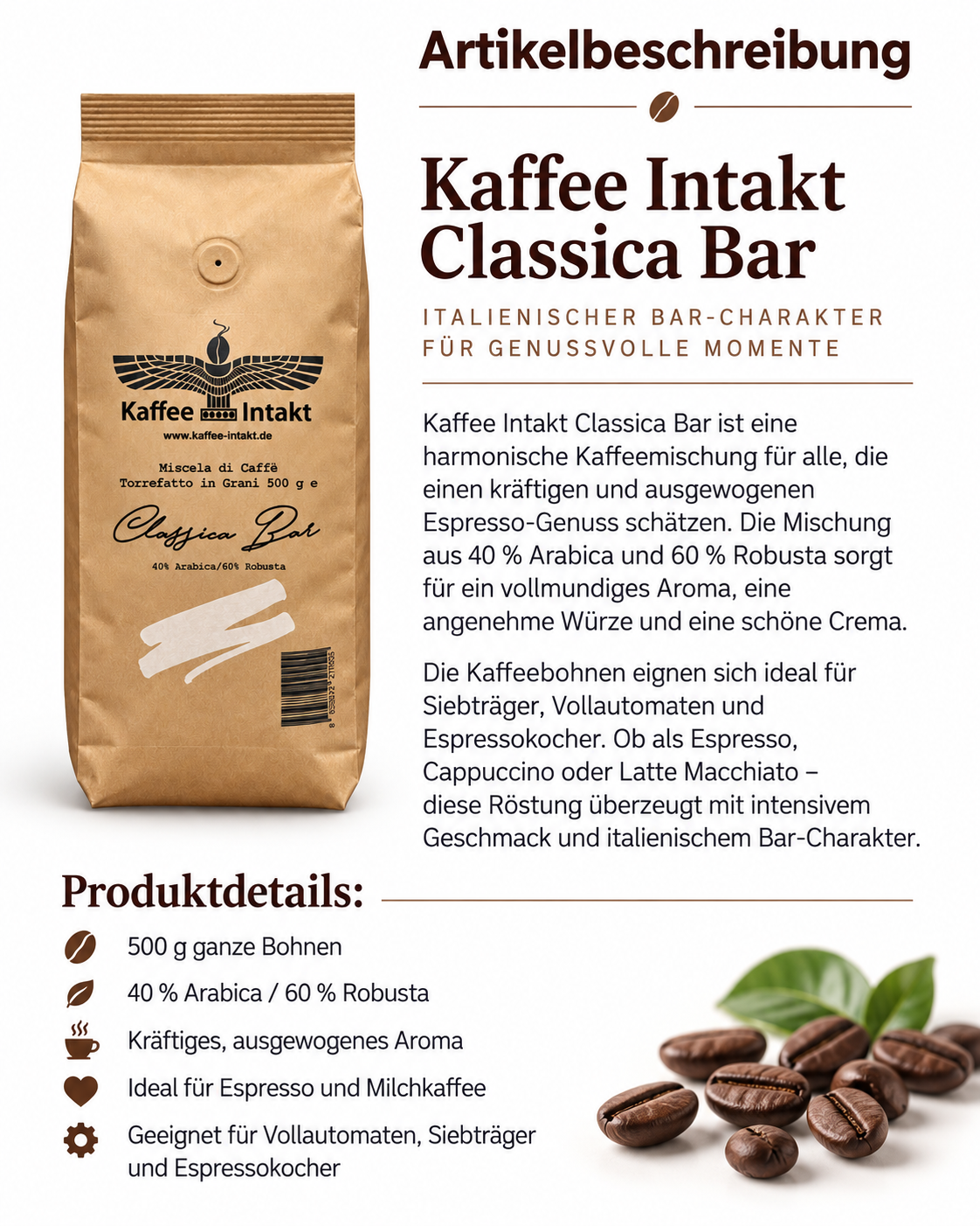KAFFEE INTAKT 500g Classica Bar Kaffeebohnen